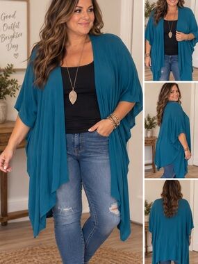 Plus Size Teal Open-Front Draped Cardigan Shrug by